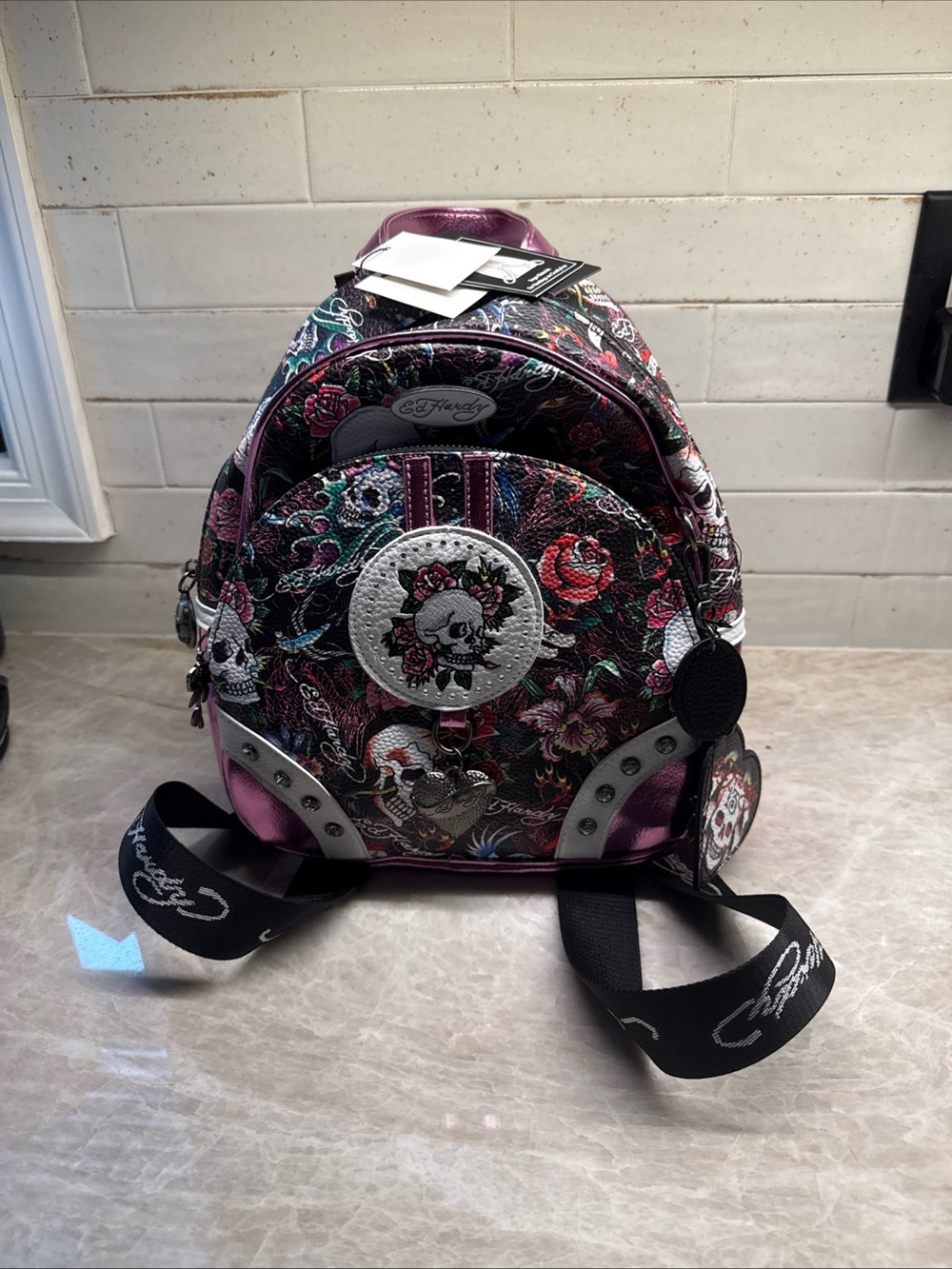NWT Ed Hardy Stunning Metallic Pink & Black Floral Skull Backpack - Edgy Style